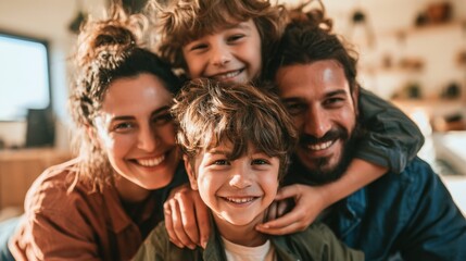 Obraz premium Happy family of four smiling joyfully together in cozy home interior with warm lighting and close affectionate bond