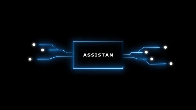 Circuit board animation displays assistant text on dark. Virtual intelligence drives this circuit board animation. Motherboard hardware powers the circuit board animation.