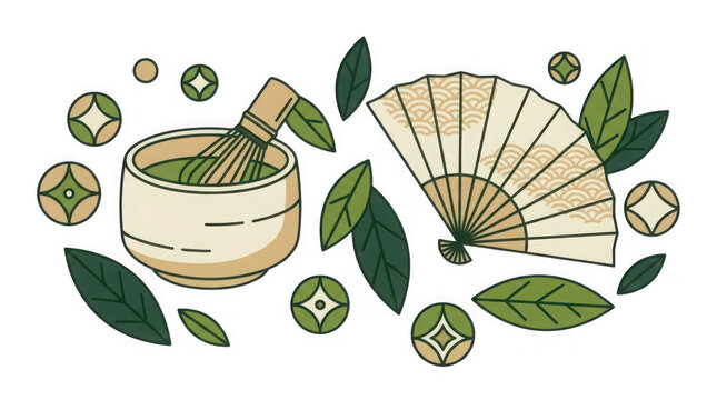 Traditional Japanese tea ceremony tools with bamboo whisk and fan transparent background