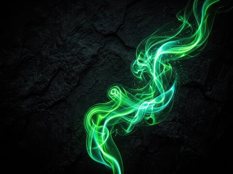 Vibrant abstract green smoke and glowing swirls drift dynamically against a dark, rugged background texture, creating a dramatic, mystical scene, rugged, art, atmosphere