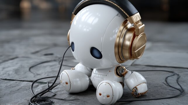 A cute robotic figure sits on the floor, wearing headphones and enjoying music in a modern, stylish environment