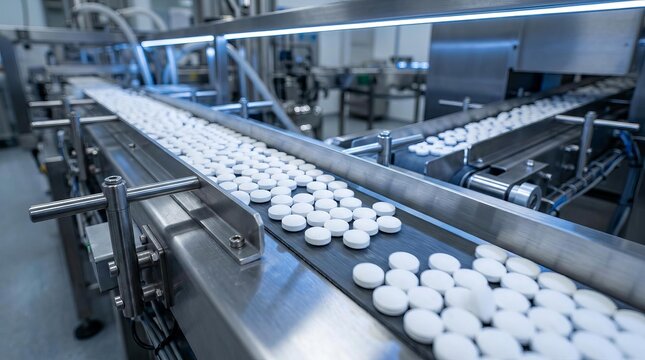 Pharmaceutical manufacturing conveyor line with white pills in factory. Automatic medicine production line for healthcare industry, pharmaceutical tech, pharmacy supply chain and drug development.