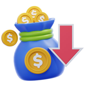 3D Money Bag With Downward Red Arrow