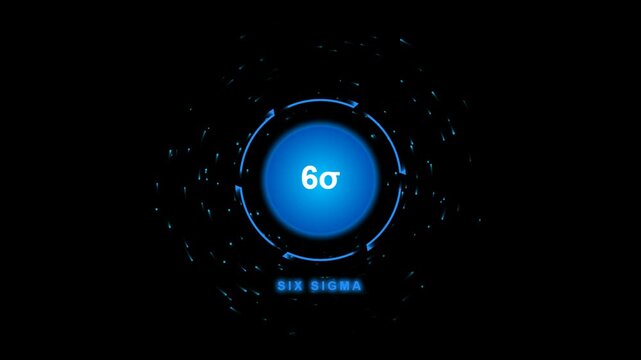 Six sigma logo symbol with glowing blue circular light effect and digital particles on a dark black background representing business quality management and process improvement 4k Motion Video