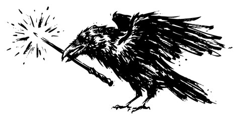 Fototapeta premium Raven holding glowing magic wand in its beak in vintage linocut style