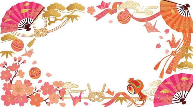 Vibrant Asian inspired decorative elements with cherry blossoms and traditional fans transparent background