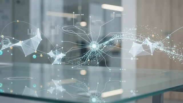 Futuristic digital network overlay on office glass table, abstract data visualization and neural connection, high tech corporate communication concept