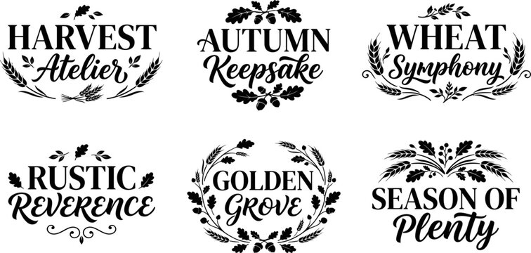 Set of six decorative autumn harvest typography labels with floral and wheat wreath elements for seasonal designs