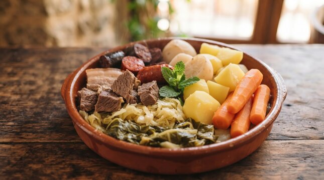 Tradicional Cozido &agrave; Portuguesa com Carnes, Enchidos e Legumes em Prato de Barro. Mesa com copy space