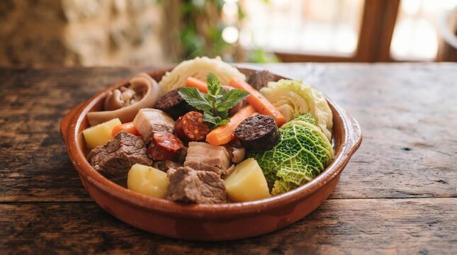 Tradicional Cozido &agrave; Portuguesa com Carnes, Enchidos e Legumes em Prato de Barro. Mesa com copy space