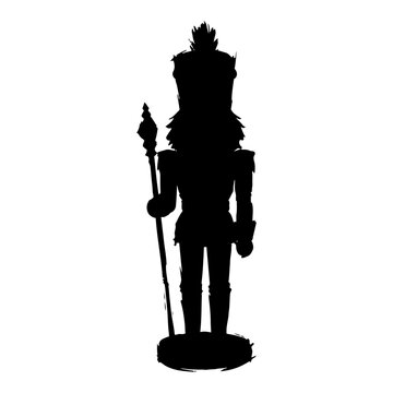 Nutcracker soldier standing with staff Christmas holiday silhouette ink brush vector