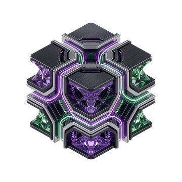 Futuristic 3D isometric cybernetic autonomous hexa hyperbolic quantum core mainframe module with glowing neon laser amethyst purple plasma electric emerald green lines for user interface