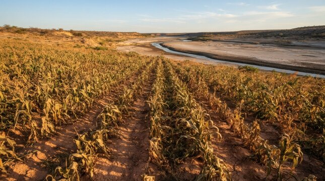 Dried corn crops failing due to severe drought and dry river landscape