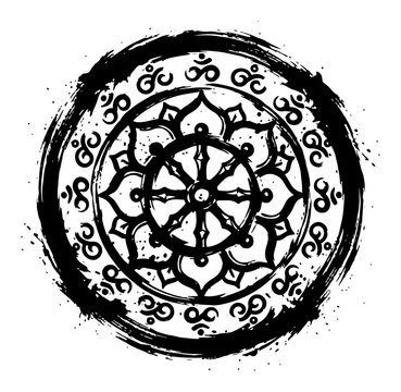 Dharma wheel dharmachakra mandala symbol in ink grunge linocut style vector