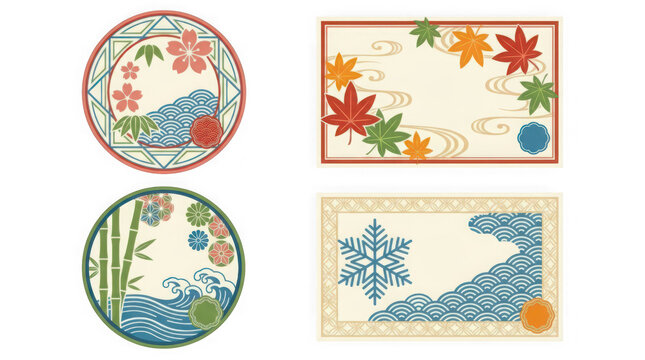 Vibrant Traditional Japanese Autumn and Winter Pattern Design Elements with Floral Motifs transparent background