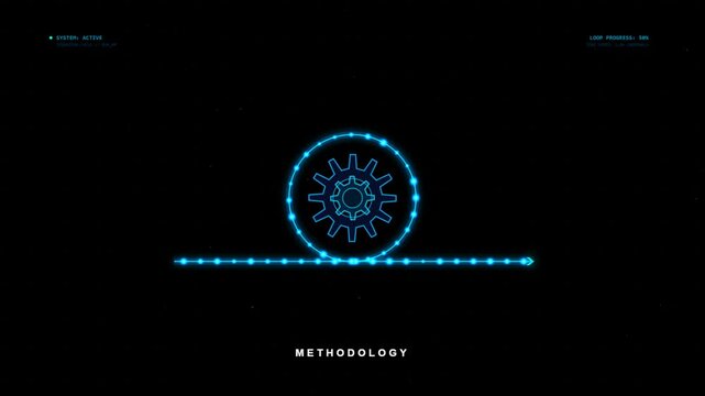 Glowing blue digital gear icon with connected dots and lines in a futuristic hud interface design representing technology methodology and systematic engineering process 4k Motion Video