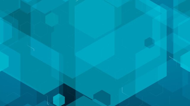 overlapping turquoise geometric hexagon shapes in motion, abstract dynamic background, seamless loop for technology and corporate presentations