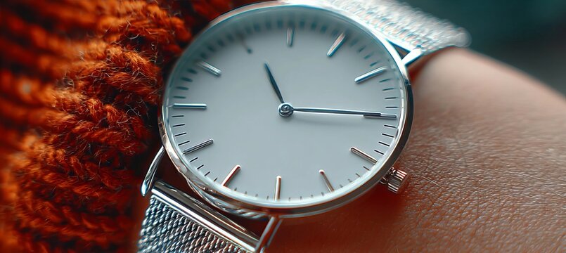 Minimalist silver wristwatch with analog dial on human wrist captured in intimate close up details.