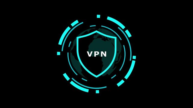Shield icon animation rotates over an Earth globe on dark space. Encrypted network privacy protection clears the shield icon animation. Secure internet access relies on the shield icon.