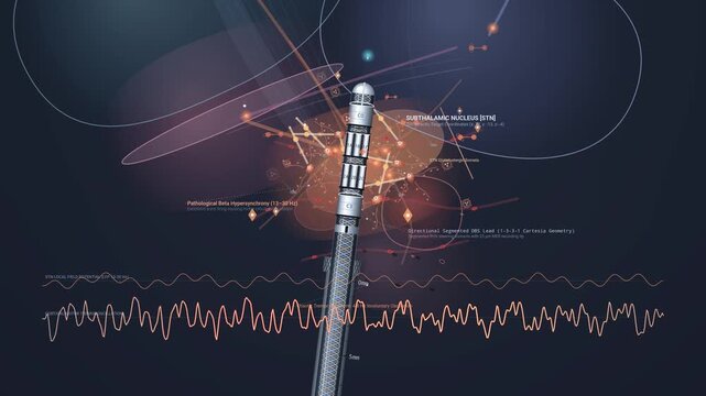 3D medical animation showing the process of Deep Brain Stimulation for Parkinson's disease targeting the subthalamic nucleus to achieve neurological equilibrium