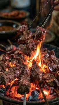 Sizzling sliced beef heart skewers, Peruvian anticuchos, glowing coals, street food vibe