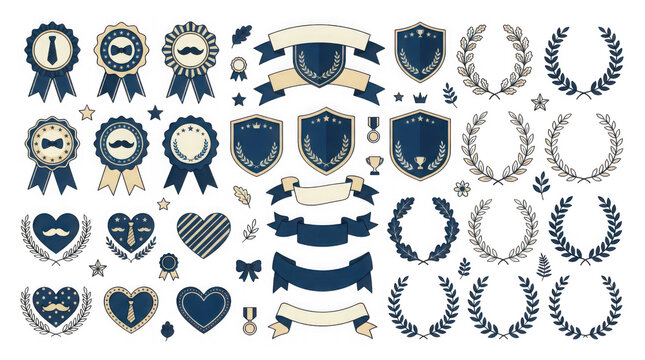 Vintage Style Award Badges Medals Ribbons Laurels Heart Shapes Decorative Elements Collection transparent background