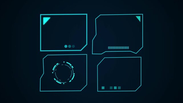HUD panels animation displays four modular telemetry data screens. Surveillance tracking systems monitor across these HUD panels. Control room graphics power the modern HUD panels.