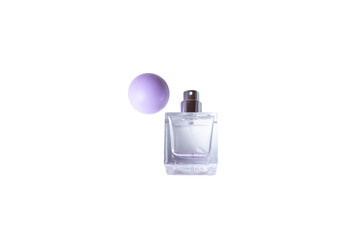 Obraz premium Square glass perfume bottle with round purple cap isolated on white