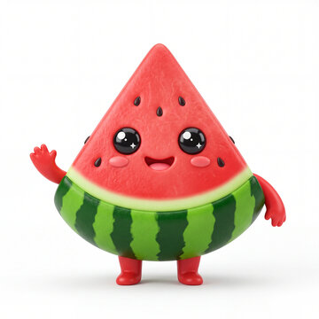 3D Chibi Watermelon Slice Character with Cute Face Isolated on White Background