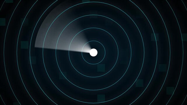 Radar screen animation sweeps past digital squares and a core. Sonar tracking telemetry coordinates guide the radar screen animation. Surveillance systems monitor on the active screen.