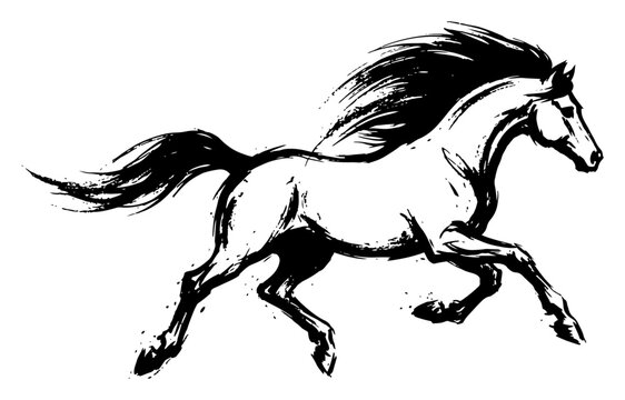 Wild stallion horse galloping with flowing mane ink sketch illustration
