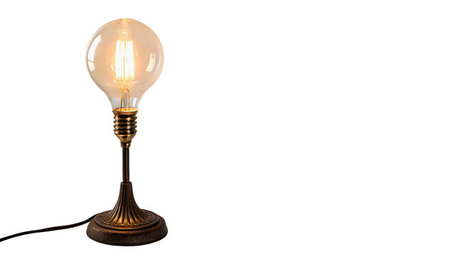 Vintage antique table lamp with glowing edison bulb isolated on transparent background.