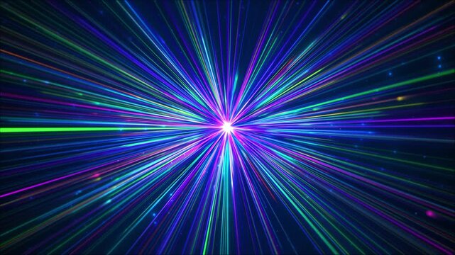 Multicolored neon lines race outward radial burst filled speed and energy. music video, gaming intro, festival screen, logo reveals, futuristic transitions, sports edits dynamic motion backgrounds.