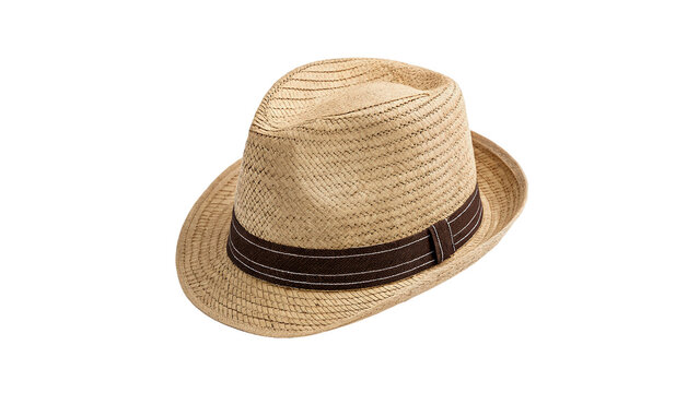 Classic elegant beige fedora straw hat summer accessory isolated on transparent background.