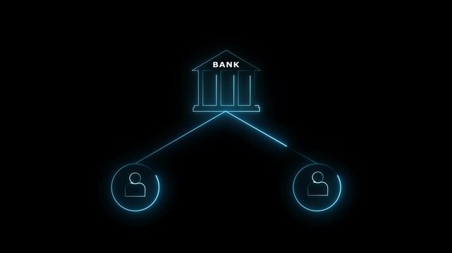 Bank icon animation connects to user accounts with digital lines. Commercial banking financial transactions route to the bank icon. Electronic monetary networks operate with the bank icon.
