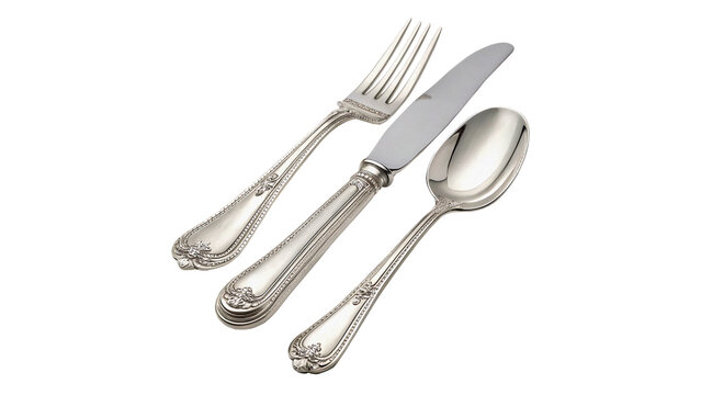 Classic metallic silver stainless steel knife fork spoon cutlery isolated on transparent background.