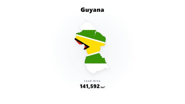 Guyana map silhouette centered on pale vignette background, filled with Guyana flag colors showing green field, yellow triangle with black outline, red accent, white stripe