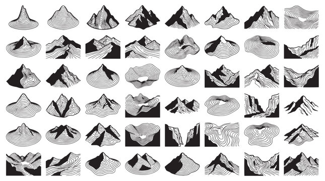 Topographic Mountain Peak Engravings Icons Element Set, Set of hand drawn mountain range icons, Black and white topographic landscape vector elements for outdoor, woodcut, etching, adventure, hiking.