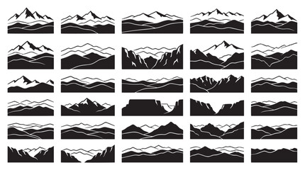 Layered Wilderness Peaks Mountains Landscape Silhouettes Set, Set of black and white nature icons, Outdoor adventure peak and valley vector illustrations, outdoor, wilderness, range, summit, hill.