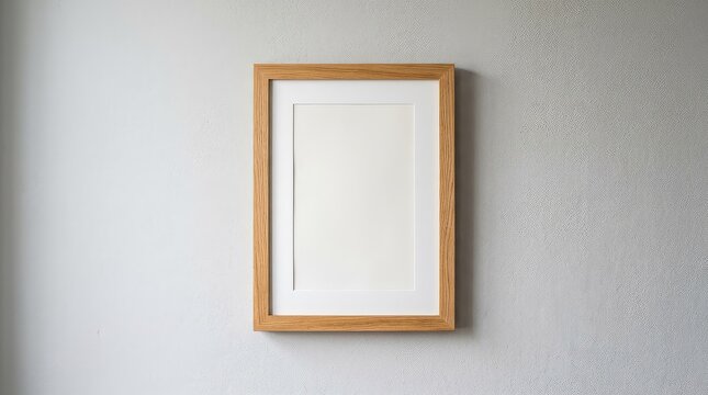 A blank, vertical wooden picture frame hangs on a textured, light gray wall, ready for art. Natural daylight illuminates the simple scene, design, object, frame