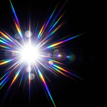 A bright white lens flare bursts forth on a pure black background, creating intense streaks of light, sunbursts, and radiant glares, contrast, brilliant, spot