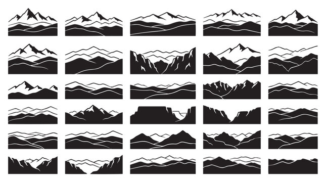 Layered Wilderness Peaks Mountains Landscape Silhouettes Set, Set of black and white nature icons, Outdoor adventure peak and valley vector illustrations, outdoor, wilderness, range, summit, hill.