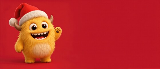 Obraz premium Cute fluffy yellow monster wearing santa hat waving hello on red background. Funny Christmas character greeting card design. Banner with copy space