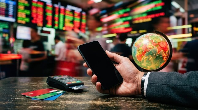Business hand holding a smartphone with bank cards, card reader and glowing globe symbolizing digital payment and global finance.