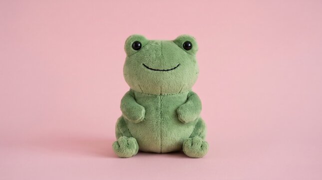 Cute green plush frog toy sitting on a pink background.