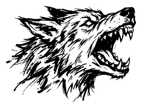 Snarling wolf head with open fangs aggressive ink brush style vector