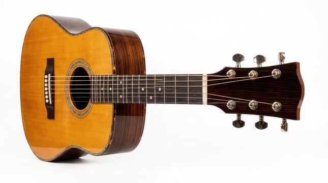 A detailed shot of a dreadnought acoustic guitar, showcasing its wood grain, frets, and tuning pegs, isolated against a pure white background, six-string, perspective, white background