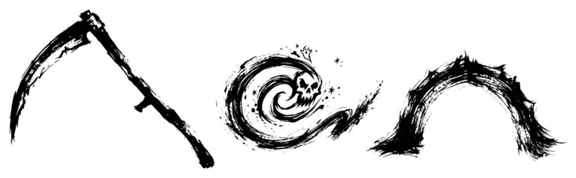 Reaper scythe swirling skull spirit and archway in rough ink brush style