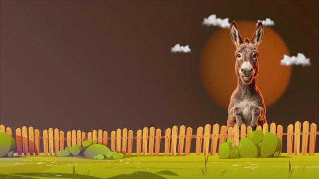Donkey portrait with warm red lighting over desert sand gold background for travel trekking Includes copy space for digital ads and marketing.