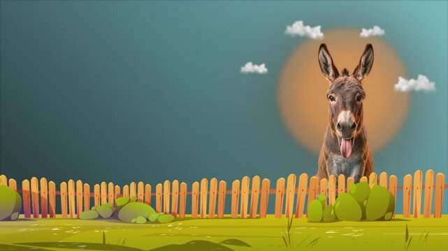 Donkey showing teeth with bright backlight over deep teal background for comedy podcasts Includes copy space for digital ads and marketing.